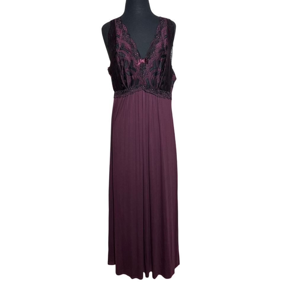 Soma Intimates Maxi Nightgown Sz XL Plum Purple Black Lace V-Neck Bow Rayon